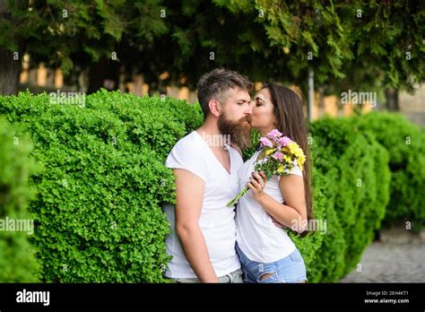 Man Bearded Hipster Hugs Gorgeous Girlfriend Couple Love Romantic Date Walk Nature Park