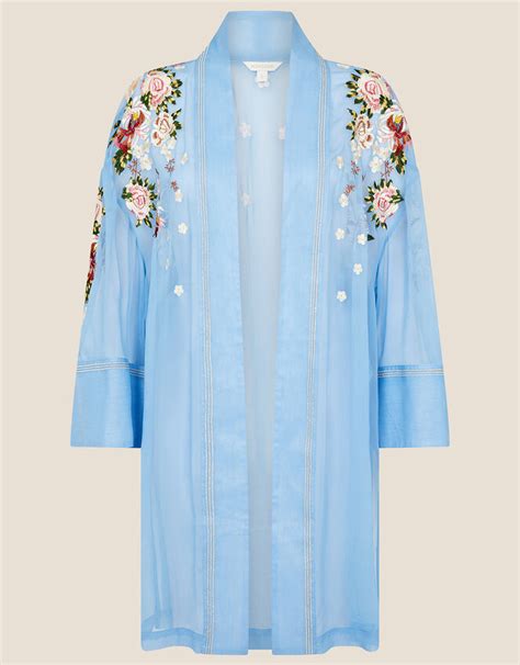 Sheer Embroidered Longline Kimono Blue Womens Jackets Monsoon Uk