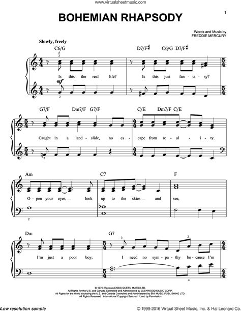 Queen Bohemian Rhapsody Easy Sheet Music For Piano Solo Easy