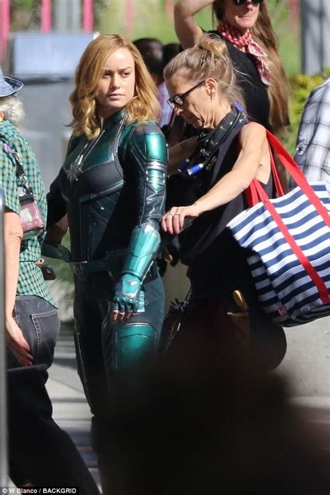 Brie Larson Wears Vibrant Green Costume To Film Captain Marvel In La Daily Mail Online