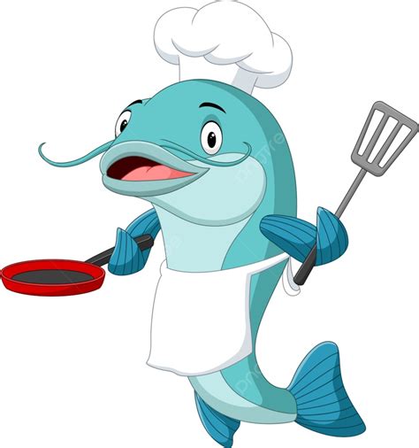 Frying Pan Cooking Vector Art Png Cartoon Catfish Chef Holding A