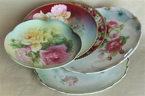 Old Hand Painted China Plates French Garden Roses Mismatched Antique Dishes
