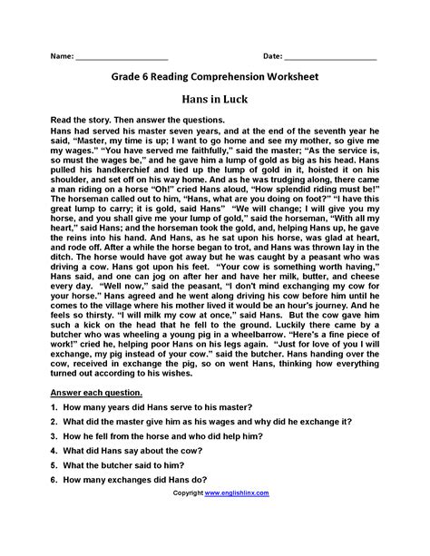 Reading Comprehension Printable Worksheets 6th Grade Printable Form