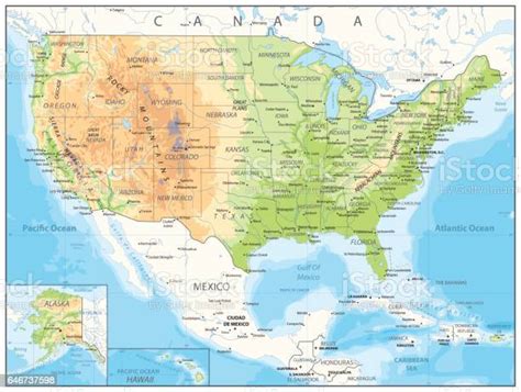 Mappa Fisica Dettagliata Degli Stati Uniti Damerica Immagini