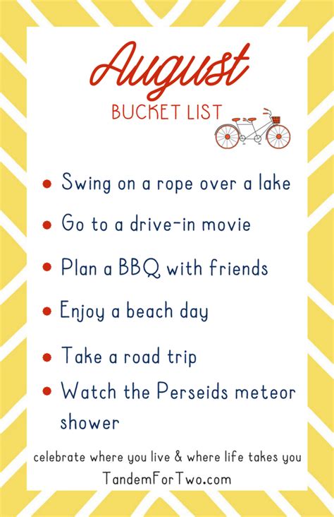 August Bucket List From Tandem For Two Bucket List National Holiday