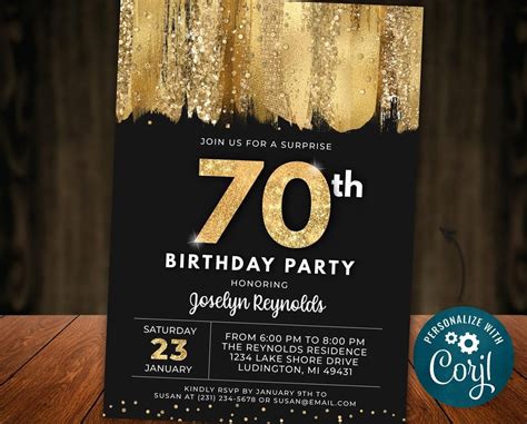 70th Birthday Invitation Black And Gold Glitter Sparkle Digital Etsy
