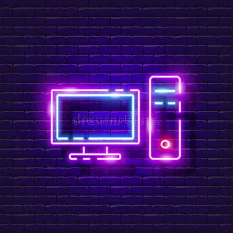 Stationary Computer Neon Sign Computer Glowing Icon Vector