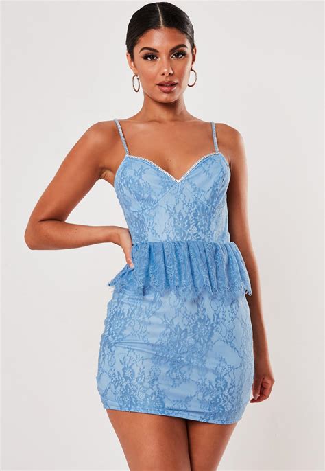 Blue Lace Diamante Strap Peplum Mini Dress | Missguided