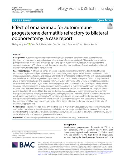 Pdf Effect Of Omalizumab For Autoimmune Progesterone Dermatitis