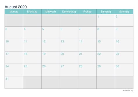 Auf kalenderland.com finden sich vielen weitere kostenlose kalendervorlagen zum ausdrucken. Kalender August 2020 zum Ausdrucken - iKalender.org