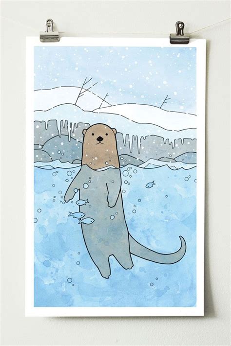 Swimming Otter Art Print Illustration Cute River Otter Kids Art