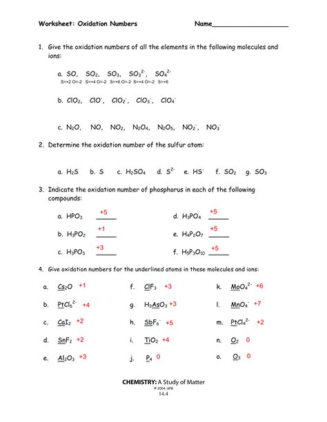 Redox Unit Assigning Oxidation Numbers Worksheet