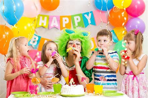 Children And Clown At Birthday Party Stock Image Image Of Decoration