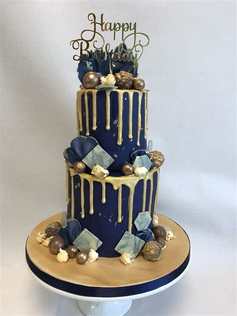 Tall 2 Tier Navy And Gold Theme Birthday Cake For A Man Tiered Cakes Birthday Birthday Cakes