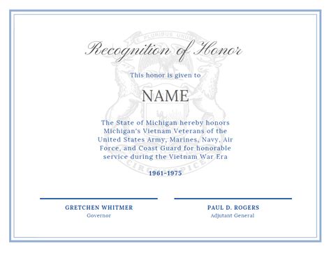 Michigan Vietnam Veteran Recognition Certificate