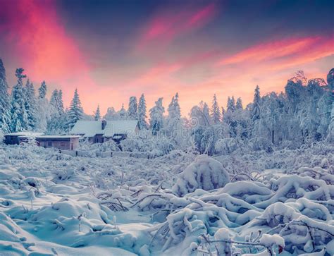Colorful Winter Sunrise In The Mountain Village Stock Image Image Of