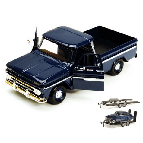 Diecast Car And Trailer Package 1966 Chevy C10 Pickup Truck Blue