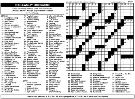 Increase your vocabulary and general knowledge. Newsday Crossword Sunday for Mar 13, 2016, by Stanley ...