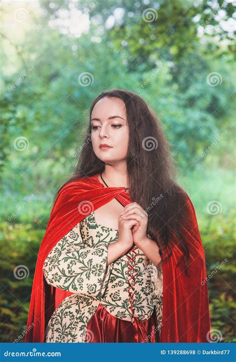 Beautiful Woman In Medieval Dress And Red Cloak Stock Photo Image Of