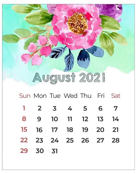 Floral August 2021 Calendar August Calendar Calendar 2021 Calendar