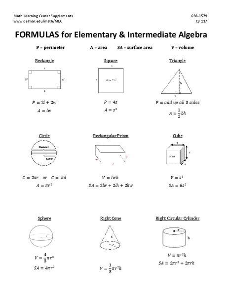 Formulas For Elementary And Intermediate Algebra Handout For 6th 9th