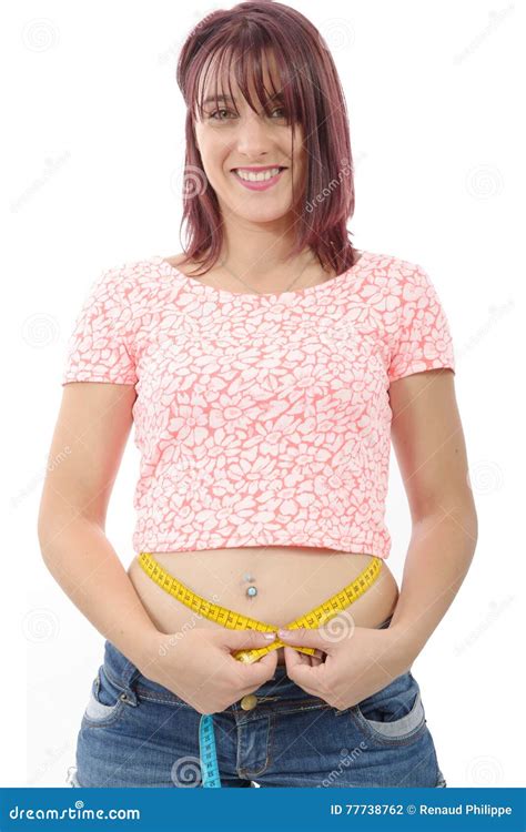 Woman Measuring Her Waist On White Background Stock Photo Image Of