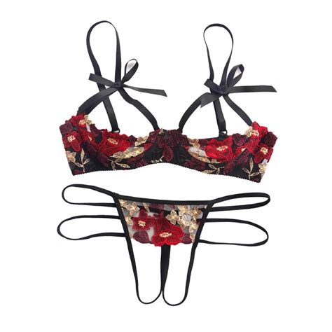 Fashion Women Flower Embroidery Bra Panty Sexy Lingerie Set See Though Lace Underwear Costumes
