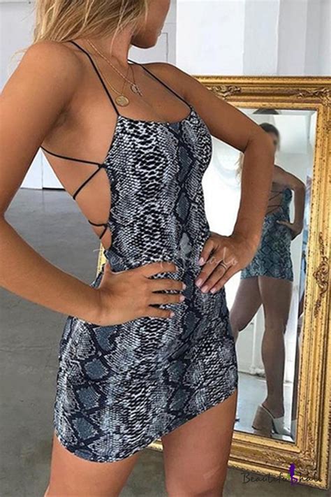 Sexy Womens Snake Print Hollow Out Back Mini A Line Cami Dress In Black