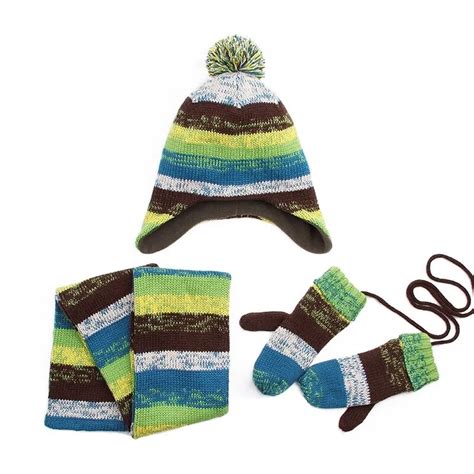 3pc Winter Children Hat Scarf Gloves Fashion Warm Stripe Girls Scarf
