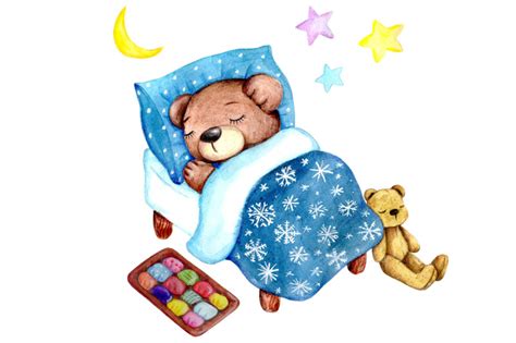 Cute Watercolor Illustration Of Sleeping Teddy Bear By Teddy Bears And