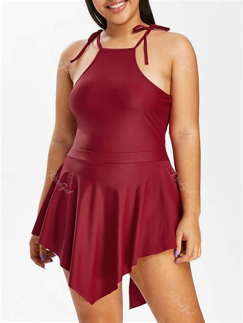 Plus Size Lace Up Skirted One Piece Swimsuit 44 Off Rosegal