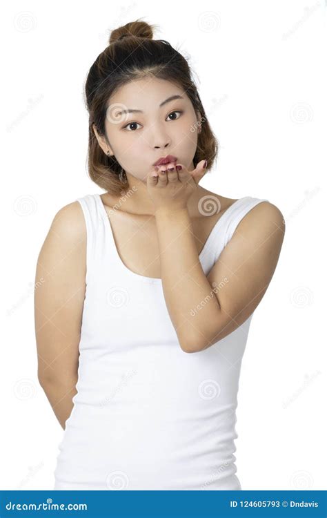 Sexy Aziatische Vrouw Die Een Wit Overhemd Op Witte Backround Dragen Stock Afbeelding