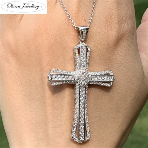 925 Solid Sterling Silver Large Cross Cubic Zirconia Women Necklace