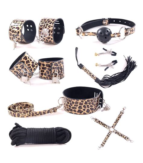 New Leopard Texture Adult Games 8pcs Collar Mouth Gag Ball Handcuff Nipple Clips Couple Sex