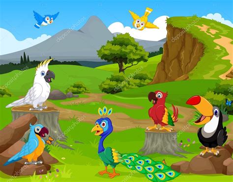 Casa en un campo verde. Divertido diferente tipo de aves de dibujos animados de la selva con fondo de paisaje Imagen ...
