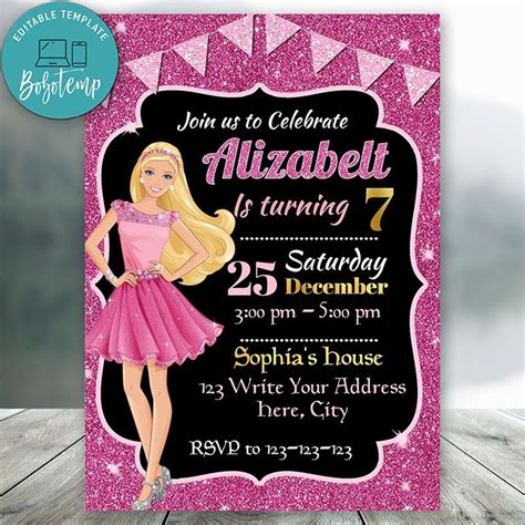 editable barbie invitations instant download bobotemp