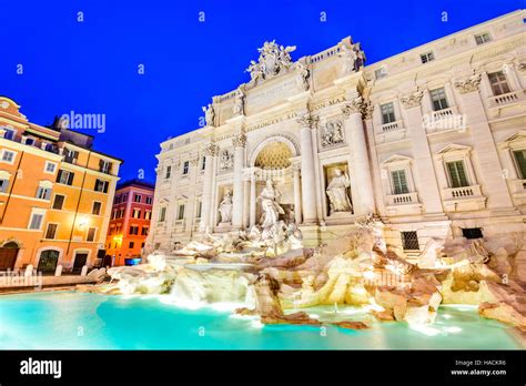 Rome Italy Stunningly Ornate Trevi Fountain Built In Illuminated At