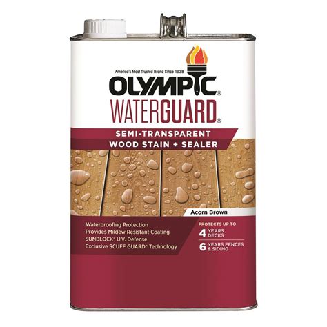 Our high quality wood stains & deck stains look beautiful when used in exterior wood stain jobs like staining a deck, staining a gazebo, or other exterior wood projects. Olympic WaterGuard 1 gal. Acorn Brown Semi-Transparent ...