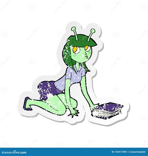 Retro Distressed Sticker Of A Cartoon Alien Girl And Book Stock Vector