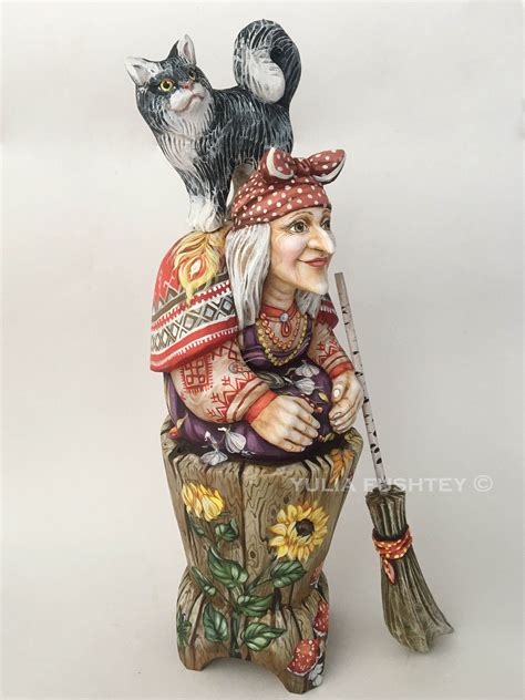 Russian Folklore Witch Baba Yaga Goddess With Bayun Cat Wood Carving