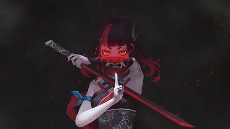 Wallpaper Onigirl Sword Out Of Fanny Katana Demon Eyes Samurai