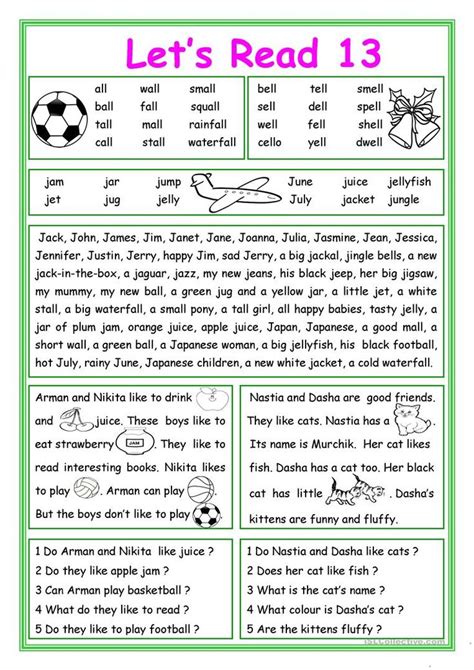 Lets Read 13 English Esl Worksheets Phonics Reading Activities