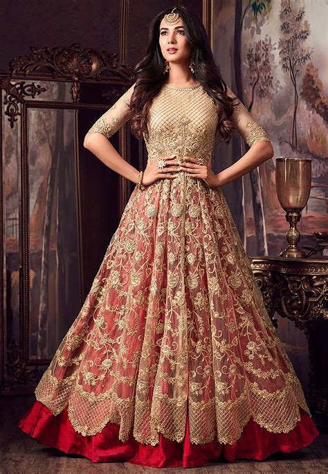 Embroidered Net Lehenga In Beige And Red Lcc235