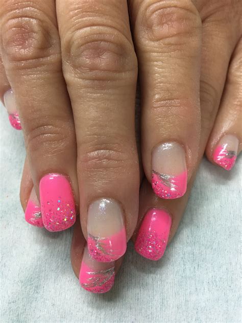 Bright Pink Glitter French Gel Nails Gel Nail Designs Nails Nail