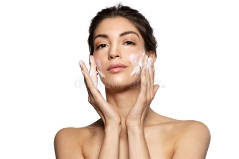Woman Washing Face Skin With Soap Foam Stock Image Image Of Cleanser