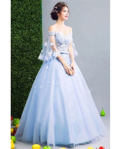 Off Shoulder Puffy Sleeve Blue Prom Dress Ball Gown With Beading Flower