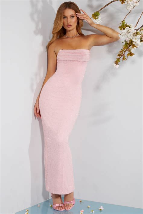 Embellished Bandeau Cowl Neck Maxi Dress In Blush Oh Polly