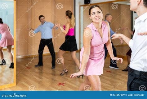 Young Happy Couple Performing A Paired Dance In Ballroom Stock Image Image Of Woman