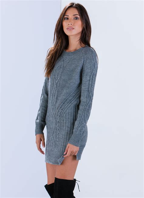 Cozy Chic Cable Knit Sweater Dress Grey Cable Knit