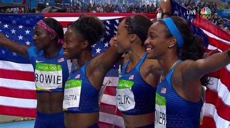 and the women s 4×100 gold is staying with usa congrats ladies allyson felix tori bowie